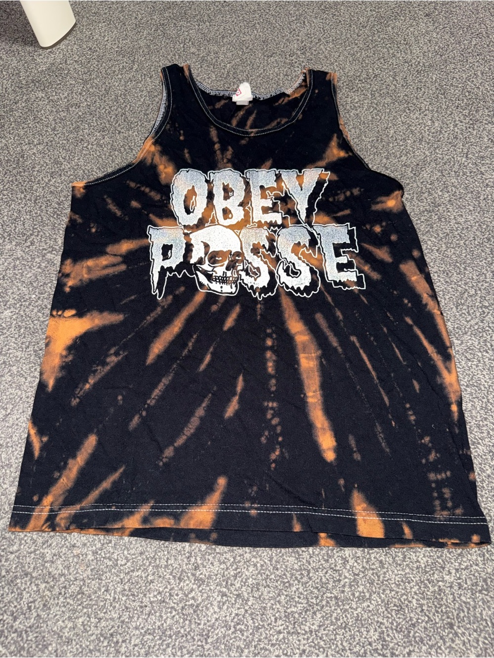 Vintage Obey Men’s Tie Dye Tank Top Small Black Orange Graphic Skull Sleeveless